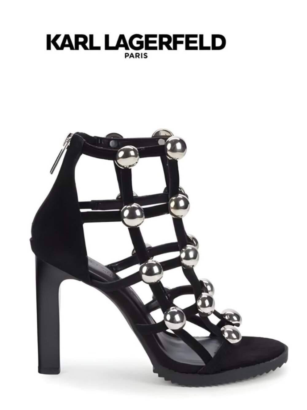 Karl Lagerfeld Paris Beatriz Studded Strappy Cage Heel Black Sandals Size 9.5